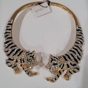 Stunning Natasha Tiger Necklace. Sparkly. Gold Tone. Green, Black Accents. New.